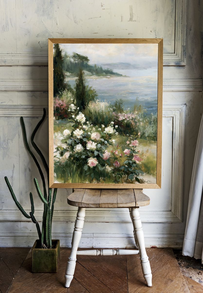 Coastal Roses Impressionist Print. — room view 1