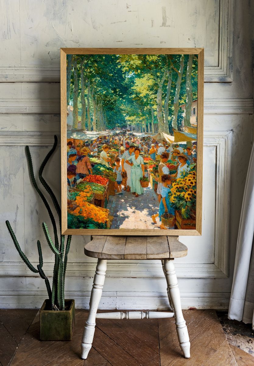 Sunlit Market Avenue Impressionist Poster. room preview