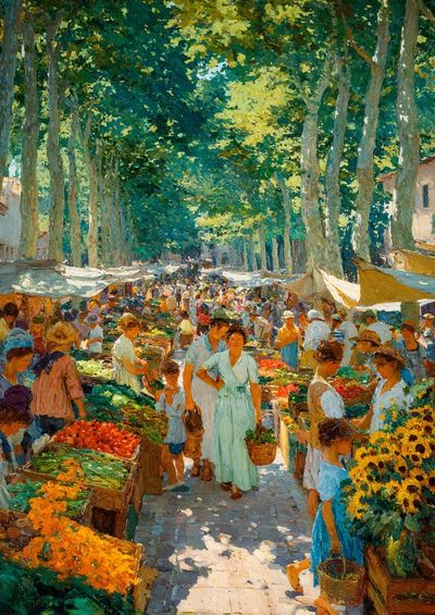 Sunlit Market Avenue Impressionist Poster.