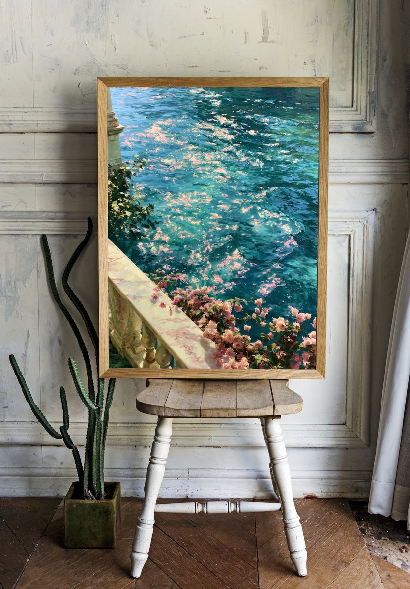 Sunlit Canal Blossoms Fine-Art Print. room preview