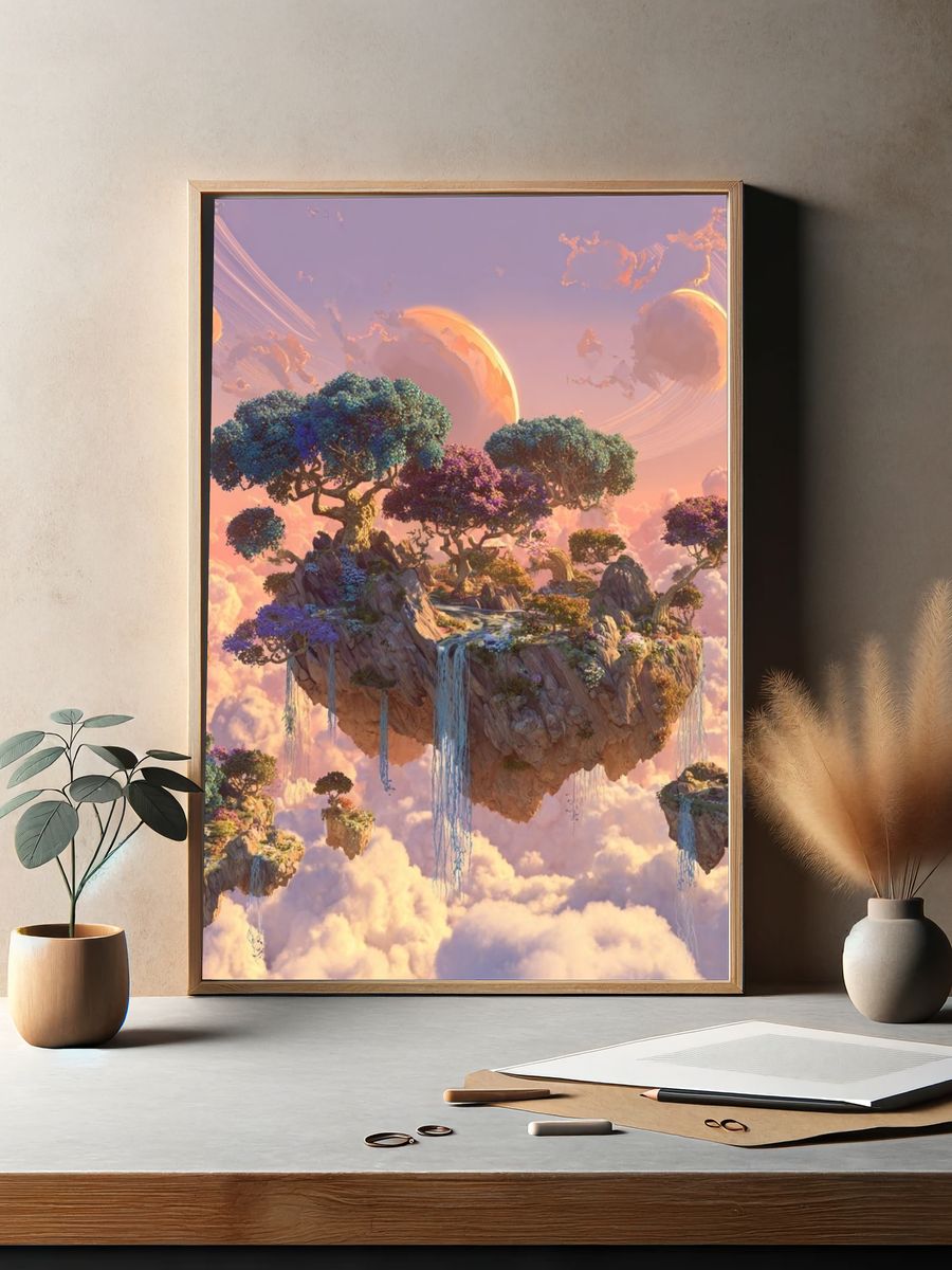 Floating Islands in a Dreamy Sky Poster. — room view 2
