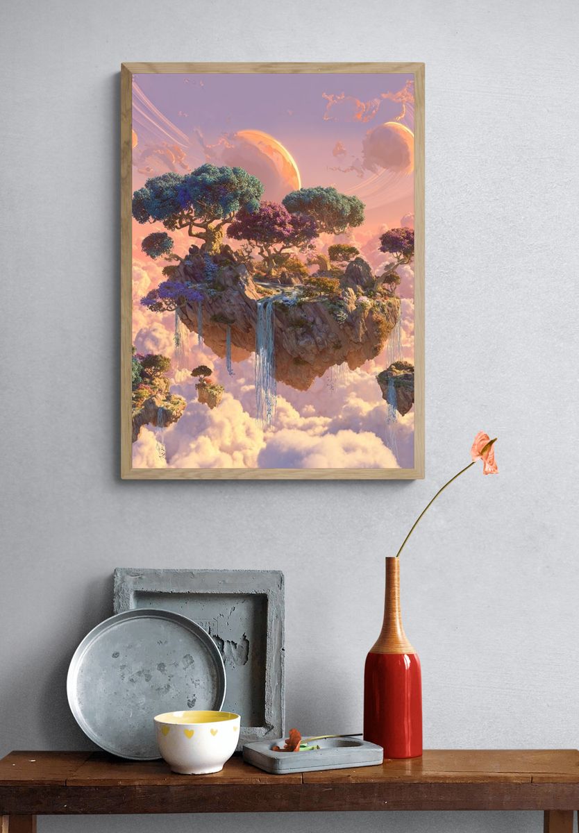 Floating Islands in a Dreamy Sky Poster. — room view 3