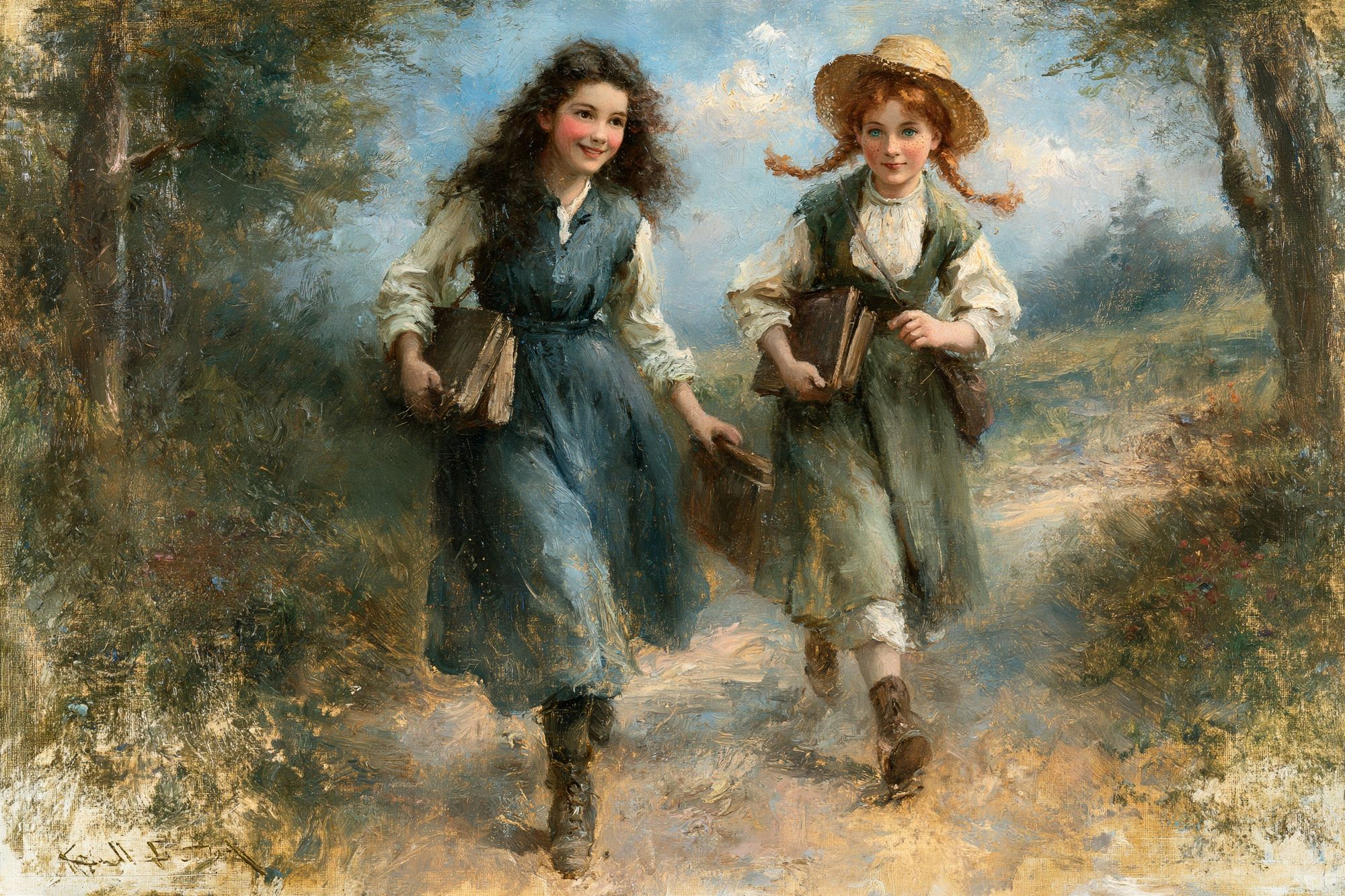 Girls Walking with Books Print. poster — fine-art art