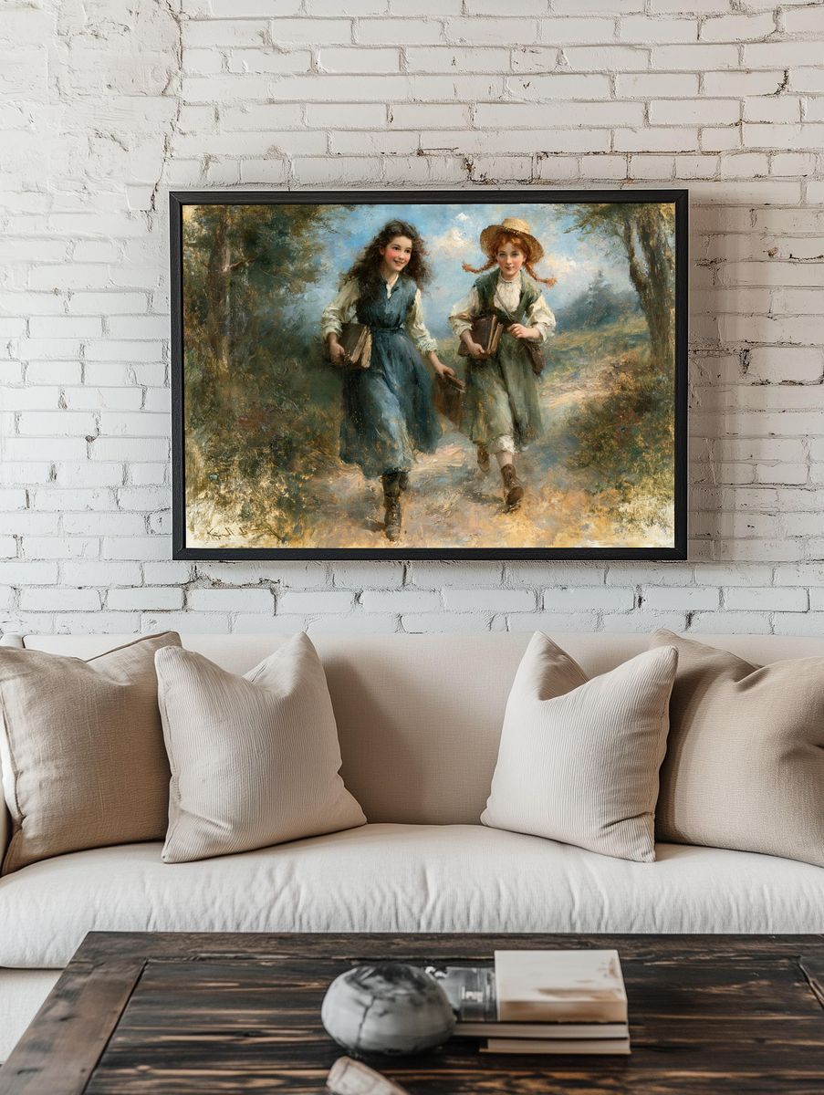 Girls Walking with Books Print. room preview