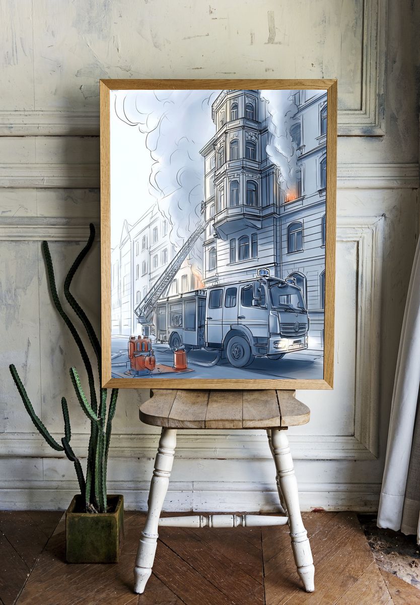 Fire Truck City Rescue Illustration Poster. — room view 1