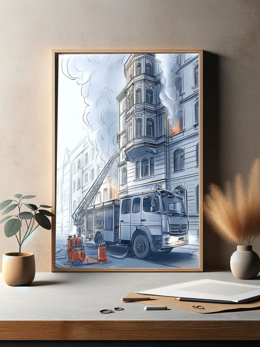 Fire Truck City Rescue Illustration Poster. — room view 2