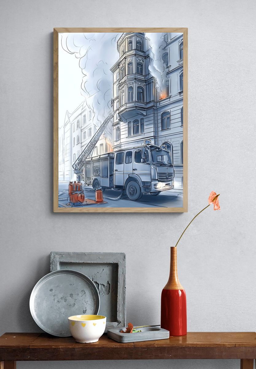 Fire Truck City Rescue Illustration Poster. — room view 3