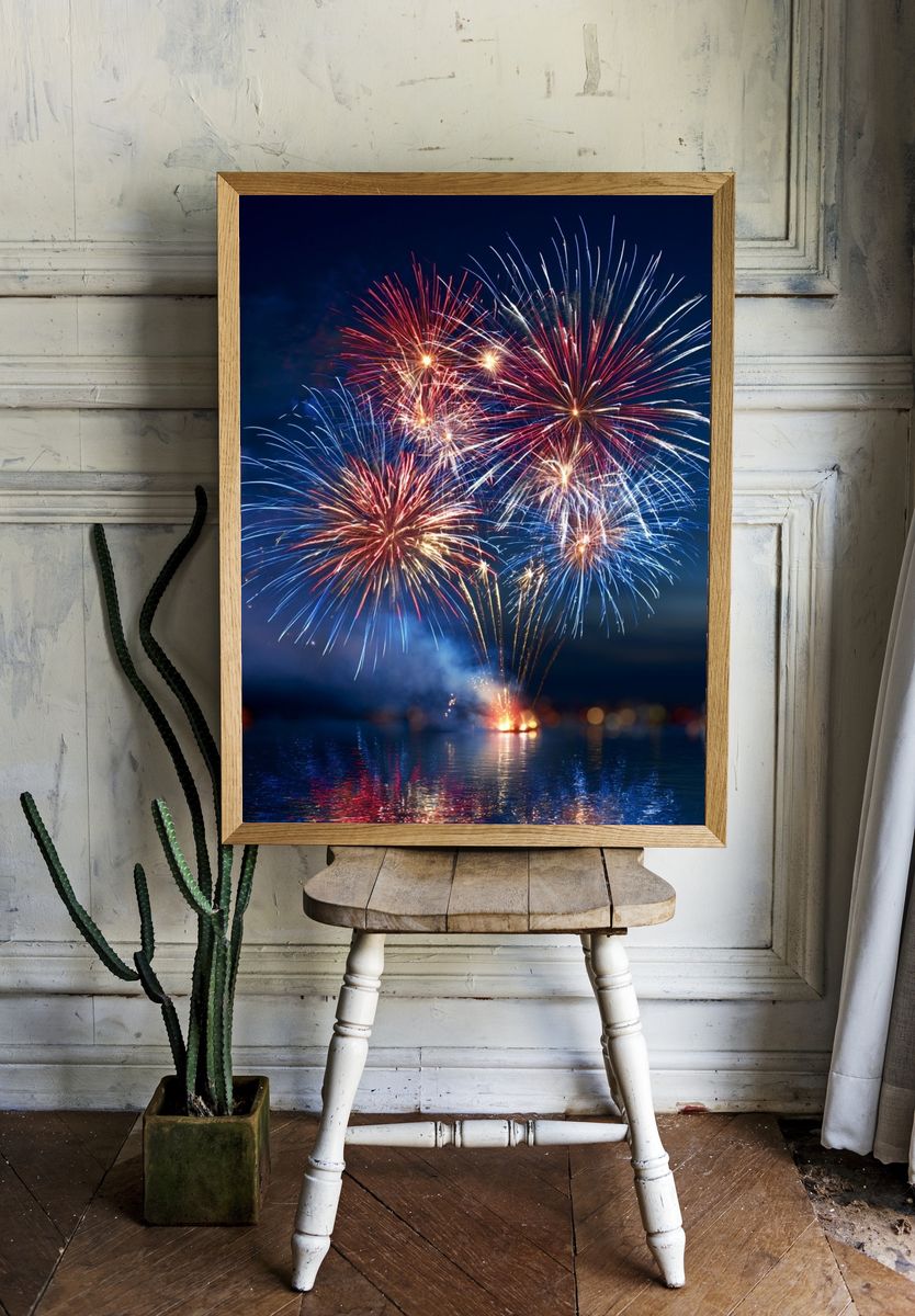 Fireworks Over Water Photography Poster. — room view 1