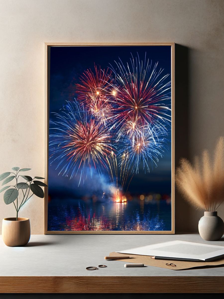 Fireworks Over Water Photography Poster. — room view 2