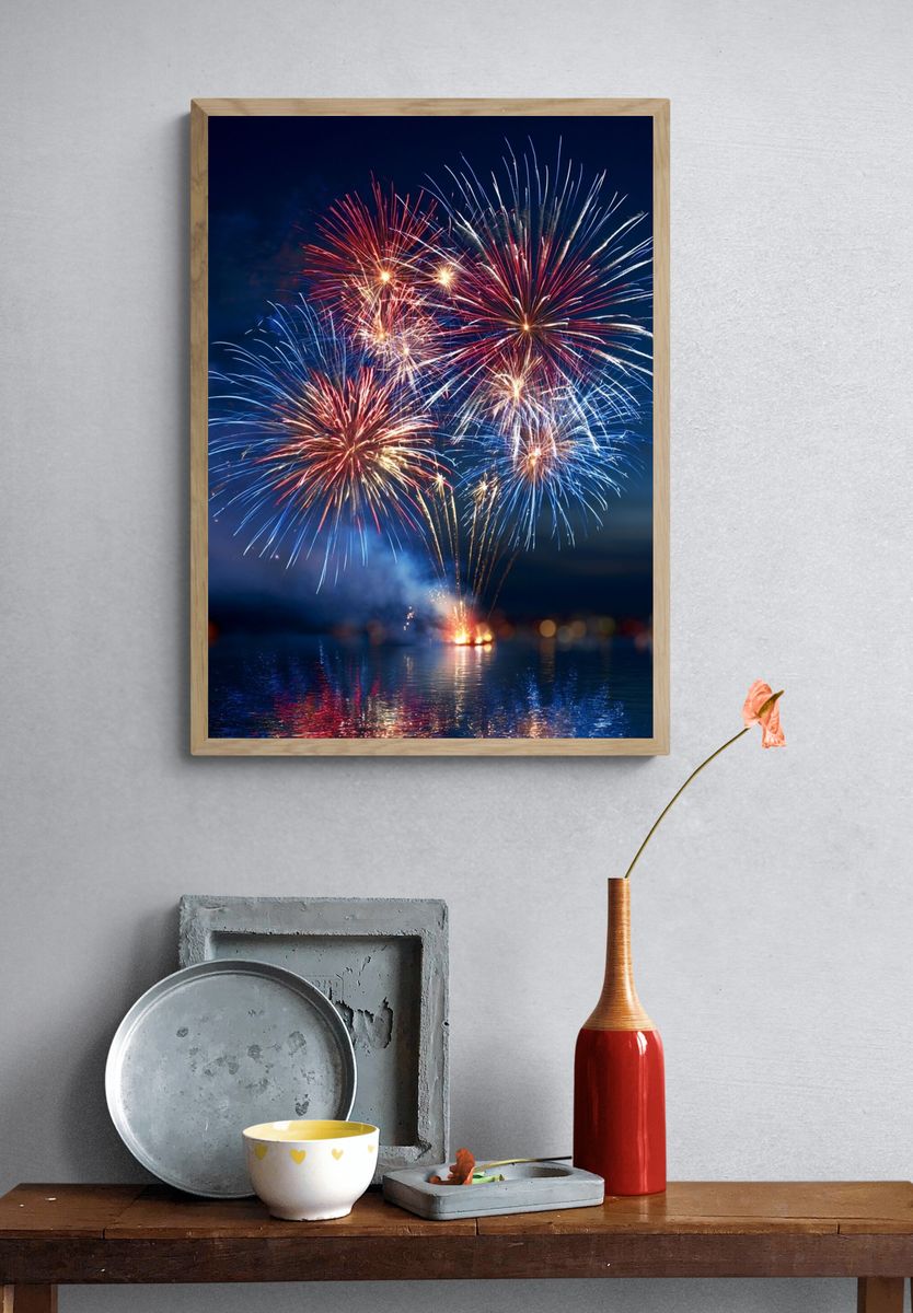 Fireworks Over Water Photography Poster. — room view 3