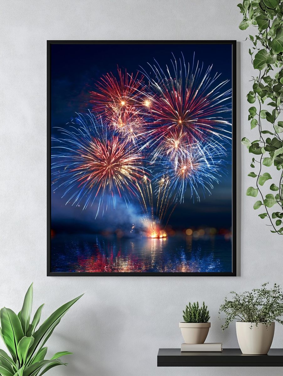 Fireworks Over Water Photography Poster. — room view 4