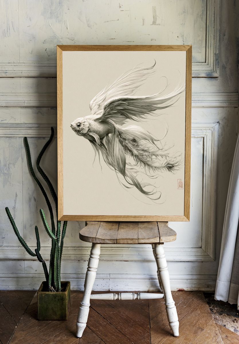 Flying Goldfish Ink Poster. room preview