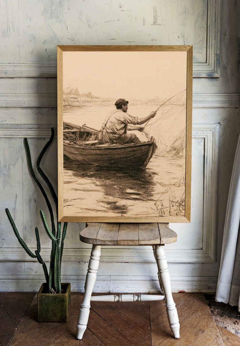 Fisherman on the River Sketch Print. room preview