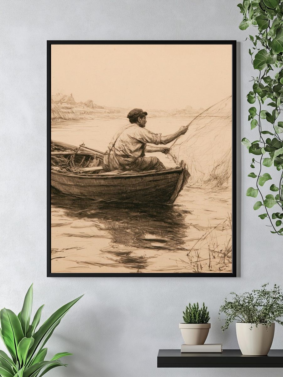Fisherman on the River Sketch Print. — room view 4