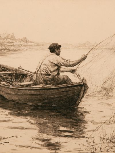 Fisherman on the River Sketch Print.