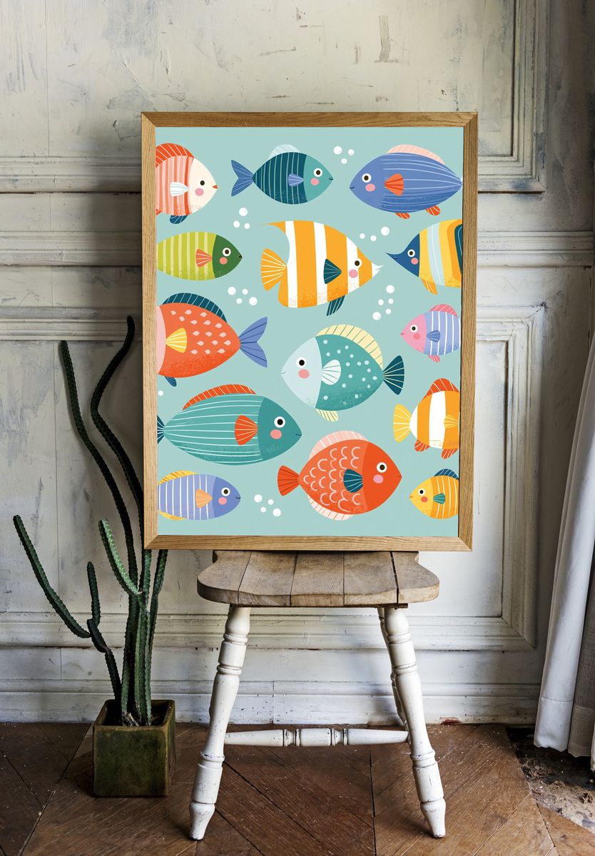 Playful Fish Pattern Illustration Poster. — room view 1