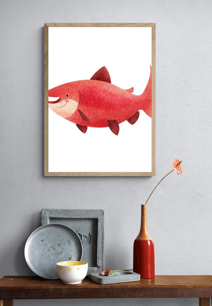 Happy Salmon Illustration Poster. — room view 3