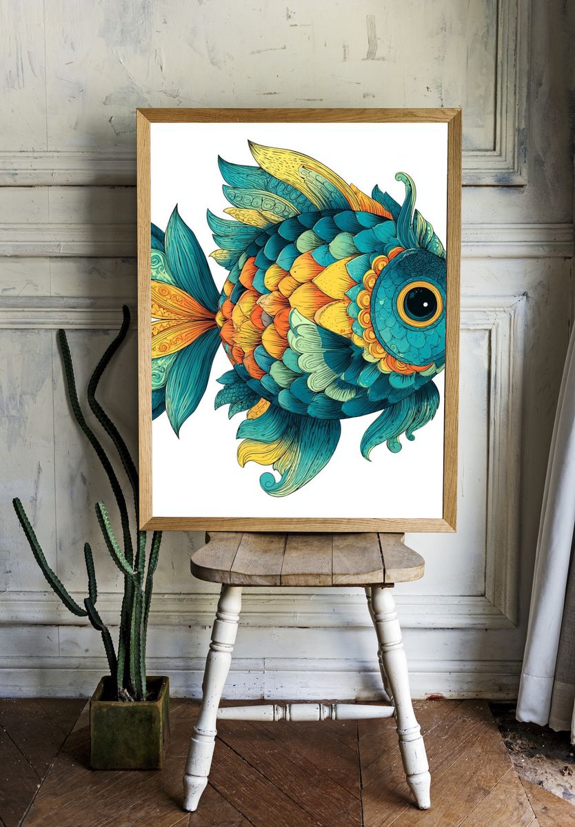Whimsical Tropical Fish Illustration Poster. — room view 1