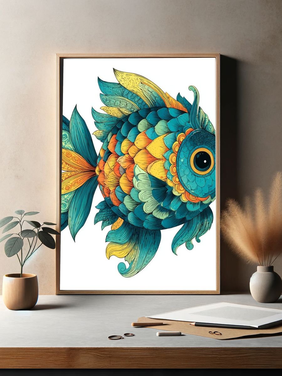 Whimsical Tropical Fish Illustration Poster. — room view 2