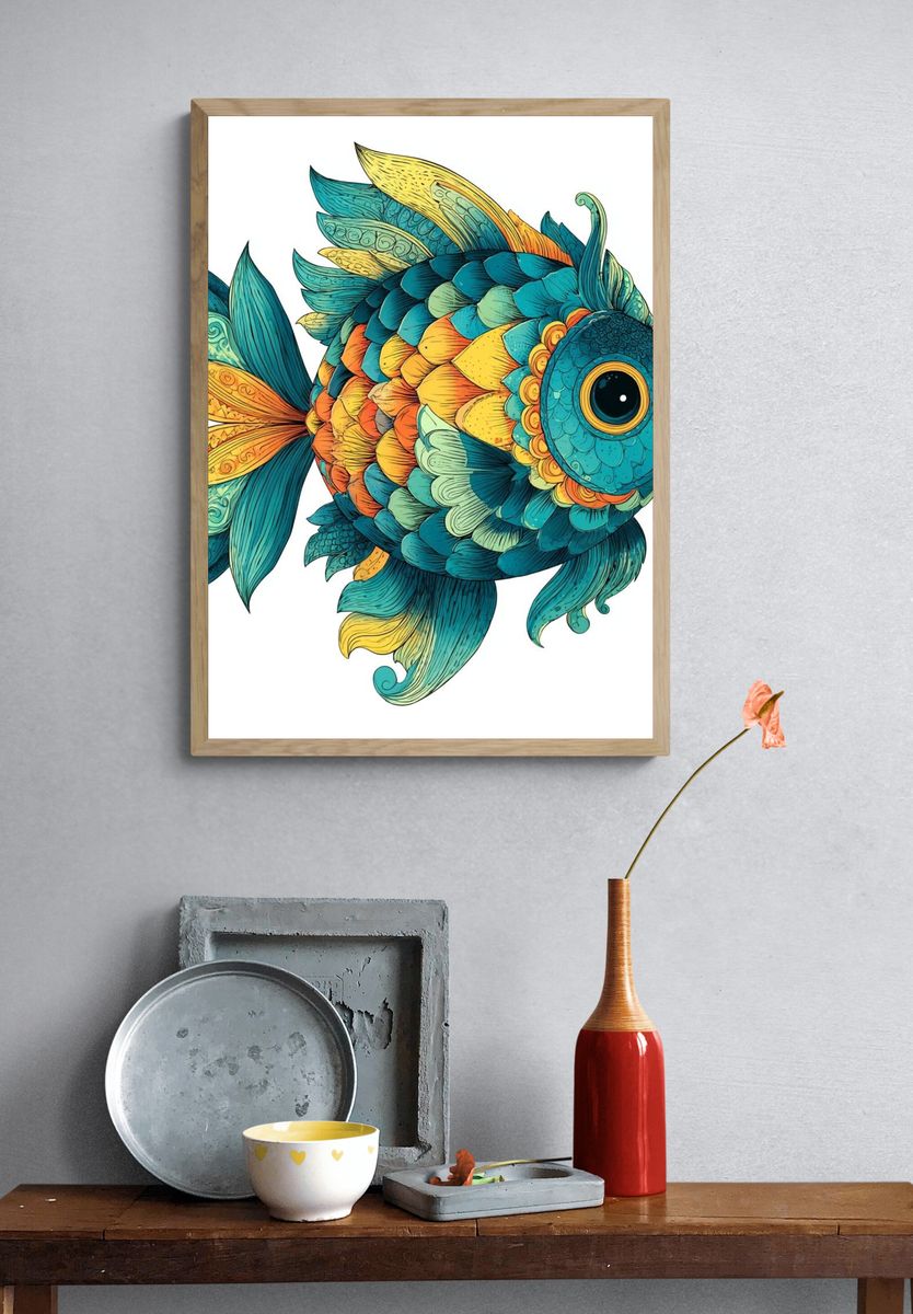Whimsical Tropical Fish Illustration Poster. — room view 3