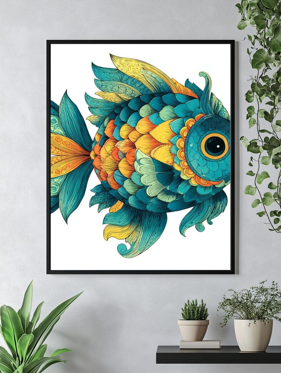 Whimsical Tropical Fish Illustration Poster. — room view 4