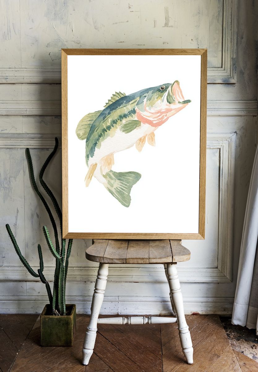 Largemouth Bass Watercolor Print. — room view 1