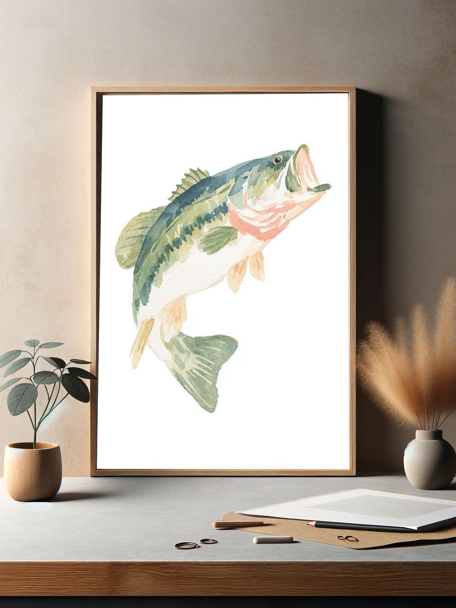 Largemouth Bass Watercolor Print. — room view 2