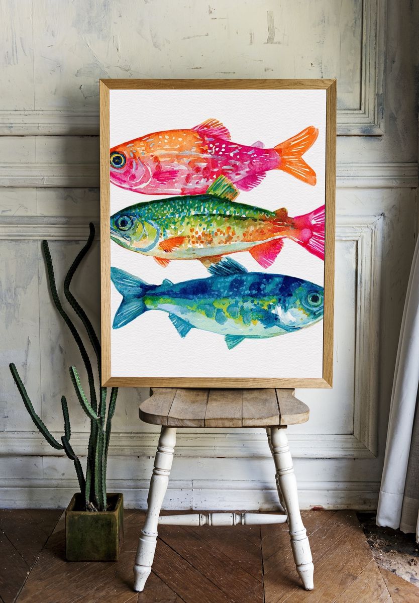 Colorful Fish Watercolor Print. — room view 1