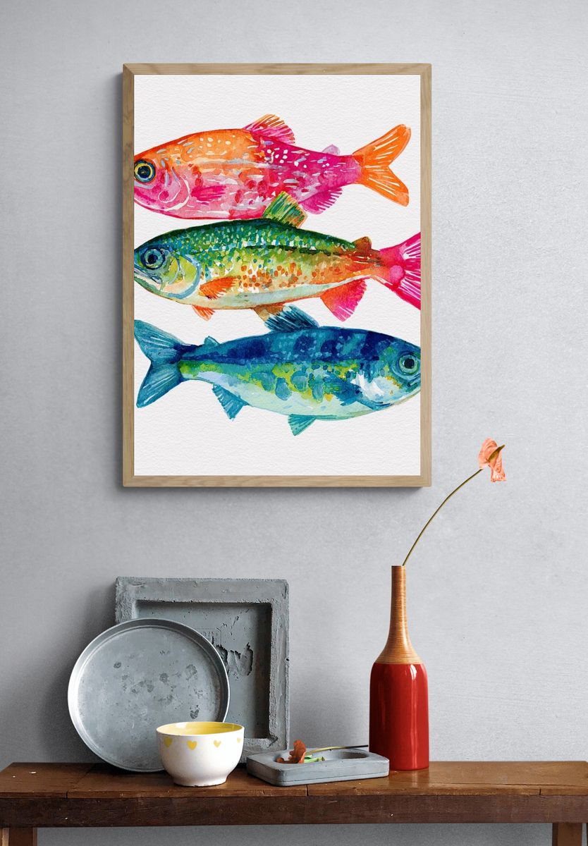 Colorful Fish Watercolor Print. — room view 3
