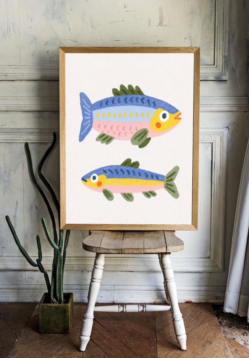 Playful Fish Illustration Poster. — room view 1