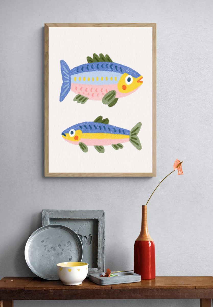 Playful Fish Illustration Poster. — room view 3