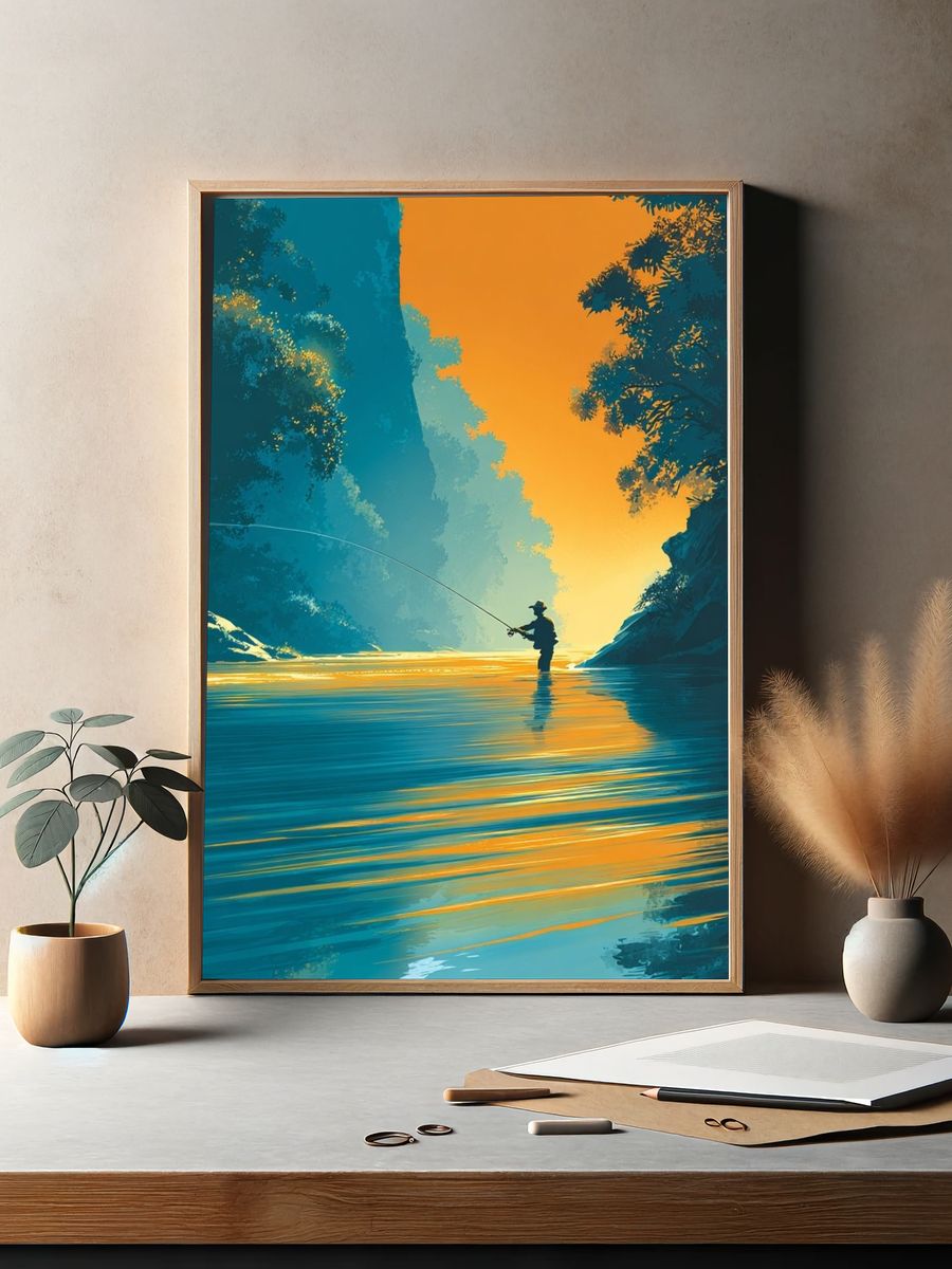 Fisherman at Sunset — Digital Art Print. — room view 2