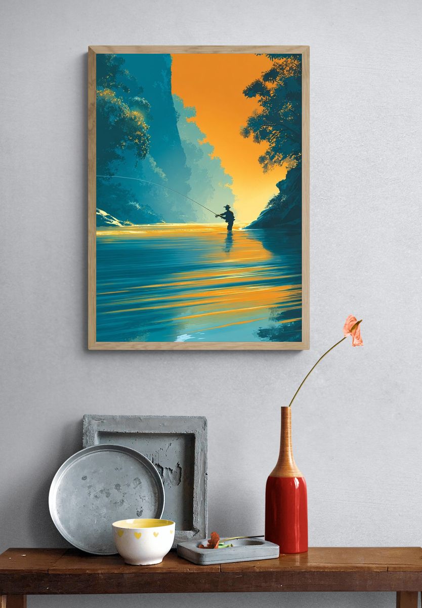 Fisherman at Sunset — Digital Art Print. — room view 3