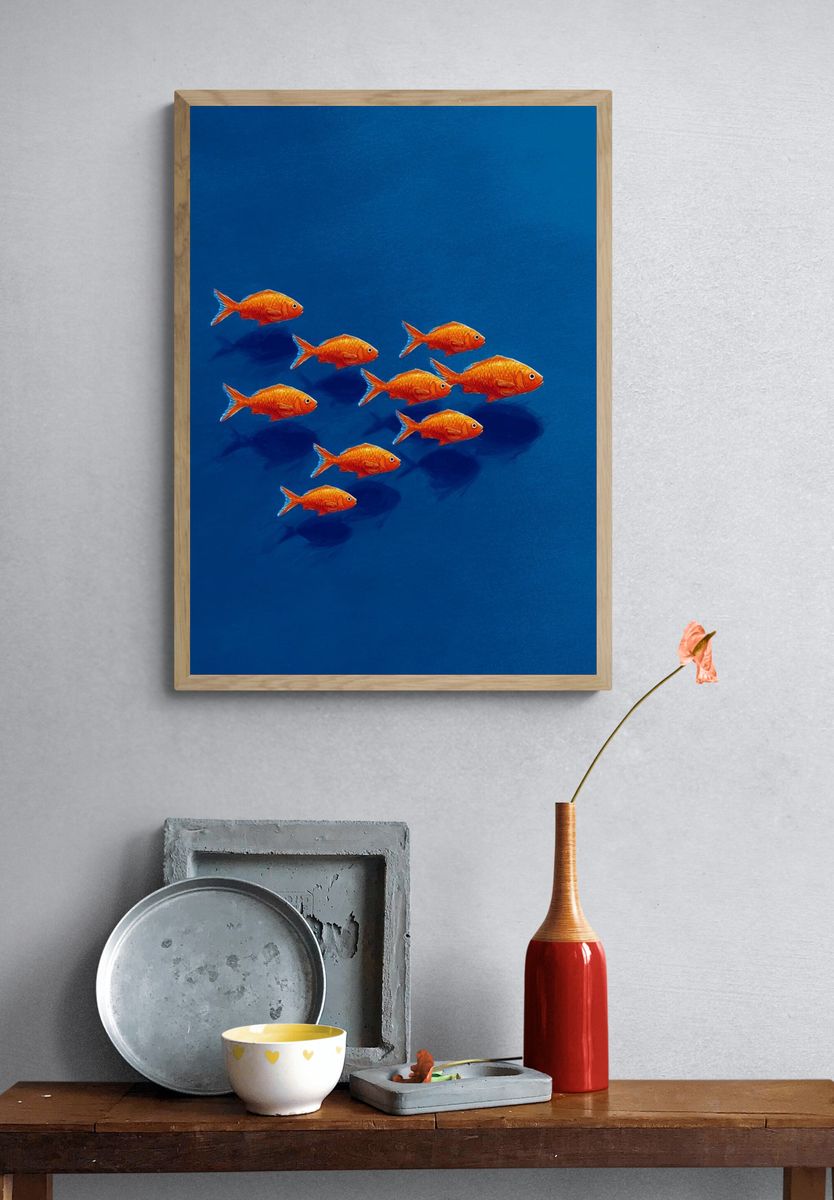 Goldfish Schooling — Illustration Print. — room view 3