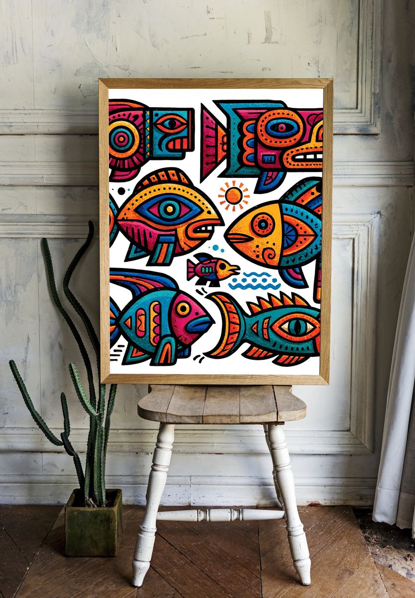 Colorful Fish Folk Art Poster. room preview