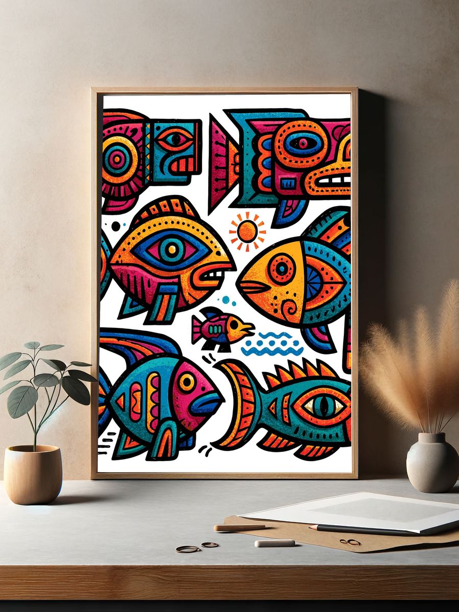 Colorful Fish Folk Art Poster. — room view 2