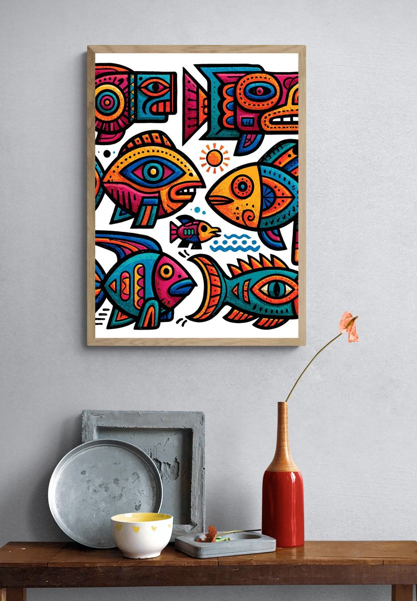 Colorful Fish Folk Art Poster. — room view 3