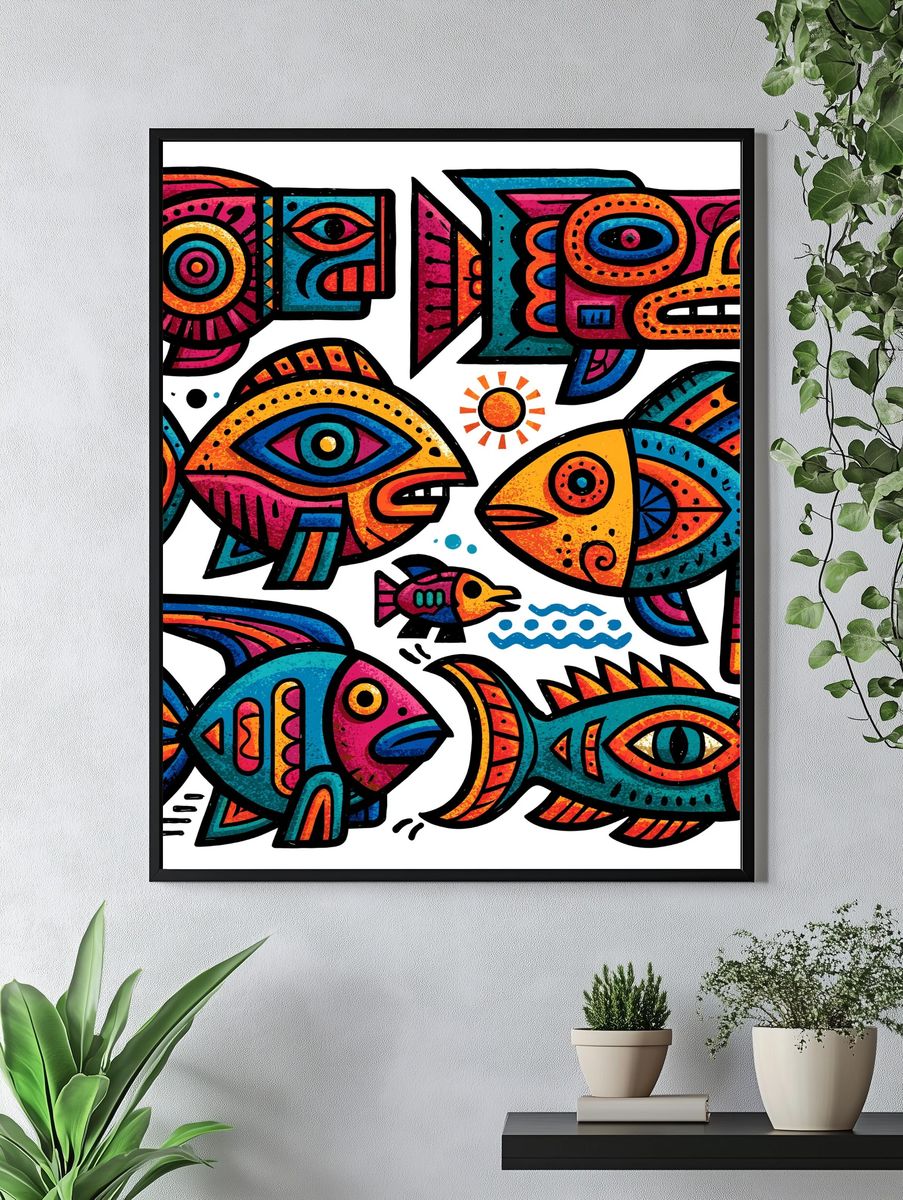 Colorful Fish Folk Art Poster. — room view 4
