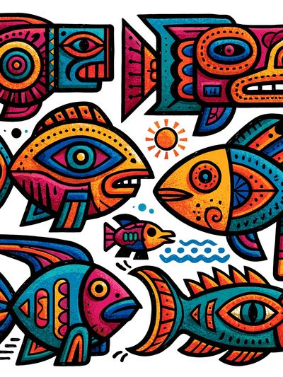 Colorful Fish Folk Art Poster.