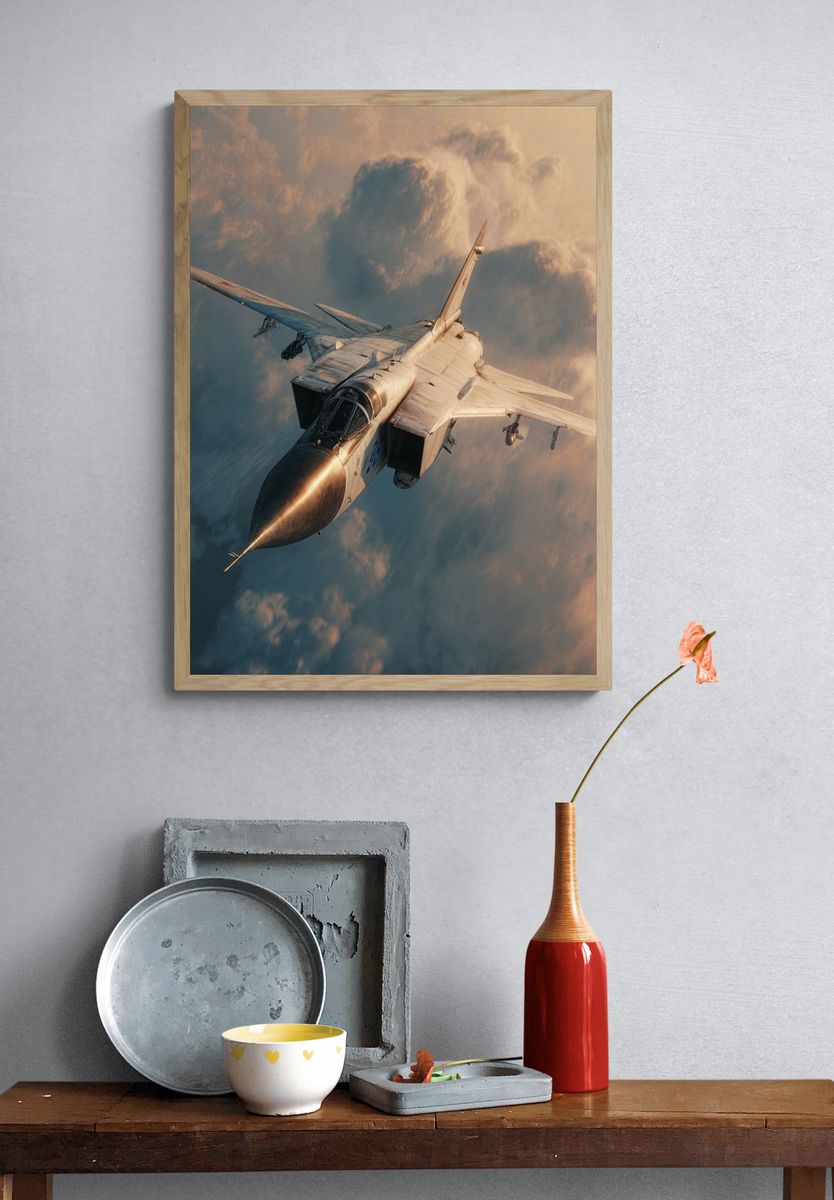 Fighter Jet Above Clouds Poster. — room view 3