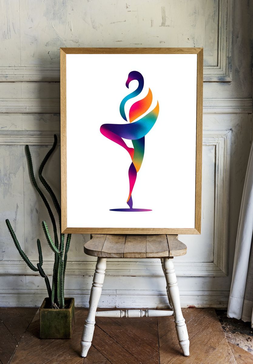 Colorful Flamingo Dance Illustration Poster. — room view 1