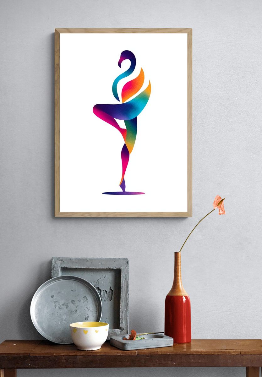 Colorful Flamingo Dance Illustration Poster. — room view 3
