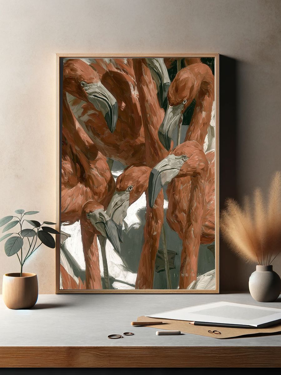 Flamingo Flock Illustration Poster. — room view 2