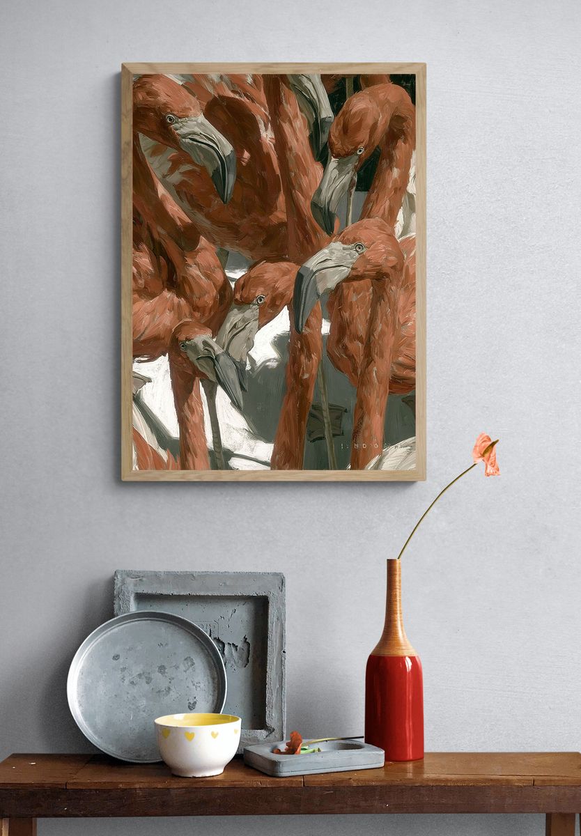 Flamingo Flock Illustration Poster. — room view 3