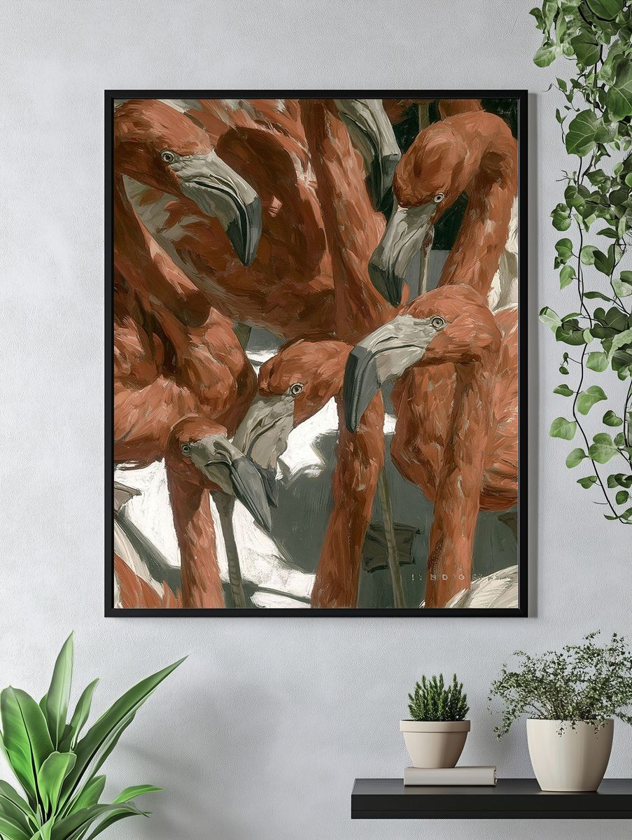 Flamingo Flock Illustration Poster. — room view 4