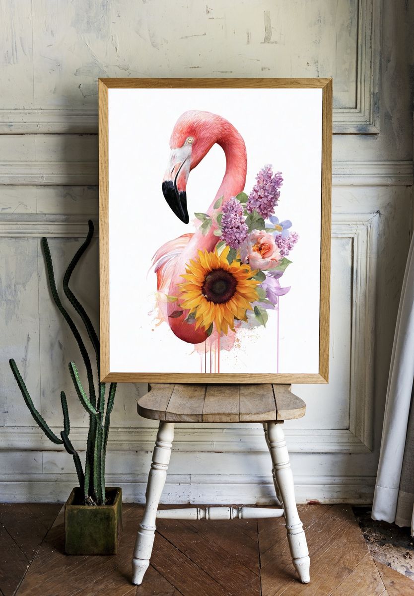 Floral Flamingo Watercolor Poster. — room view 1