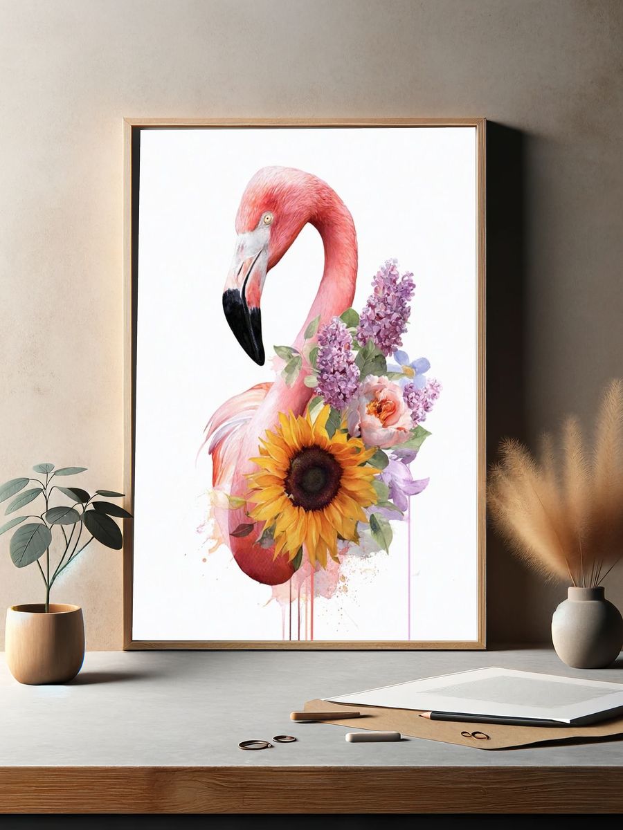 Floral Flamingo Watercolor Poster. — room view 2