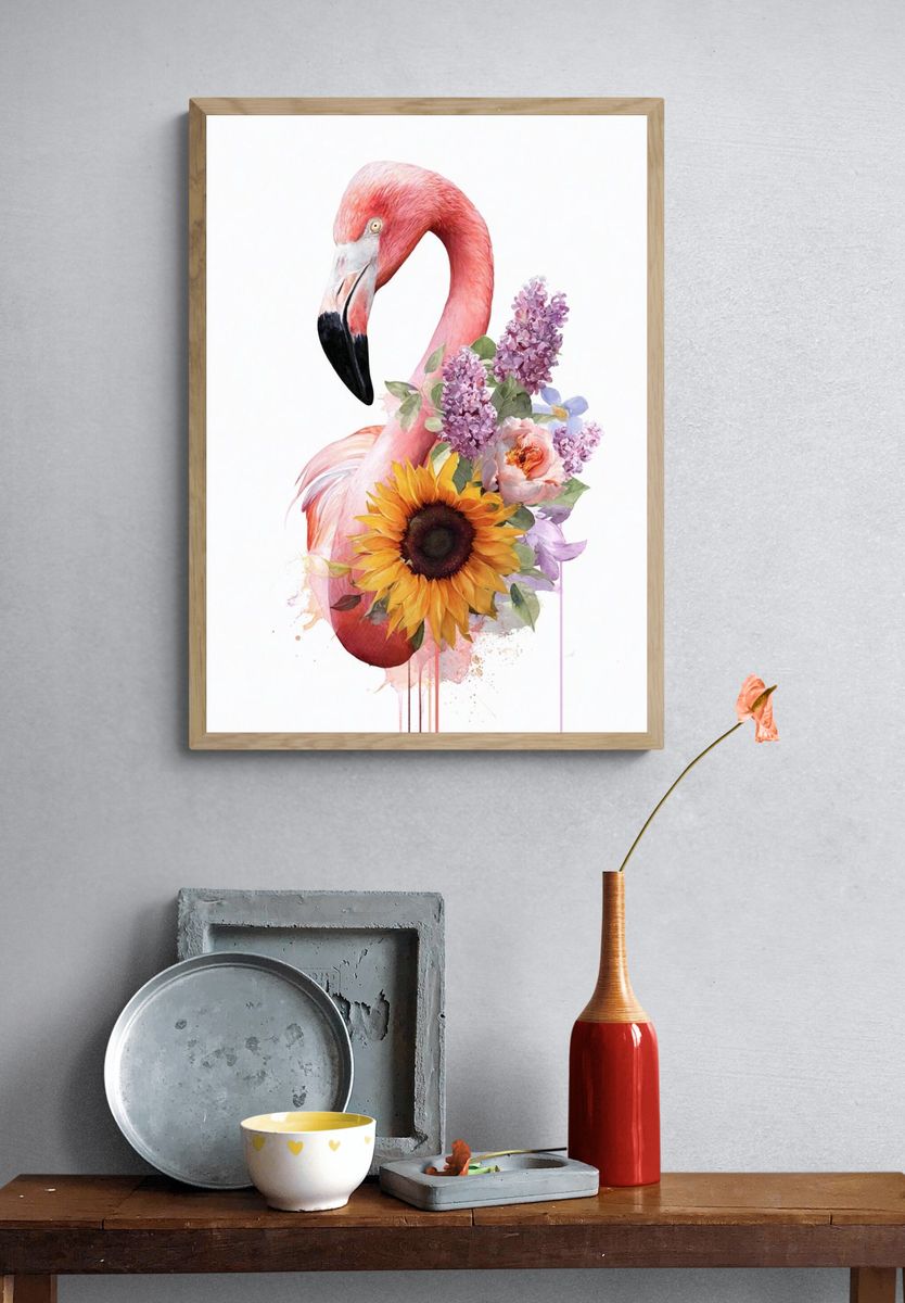 Floral Flamingo Watercolor Poster. — room view 3