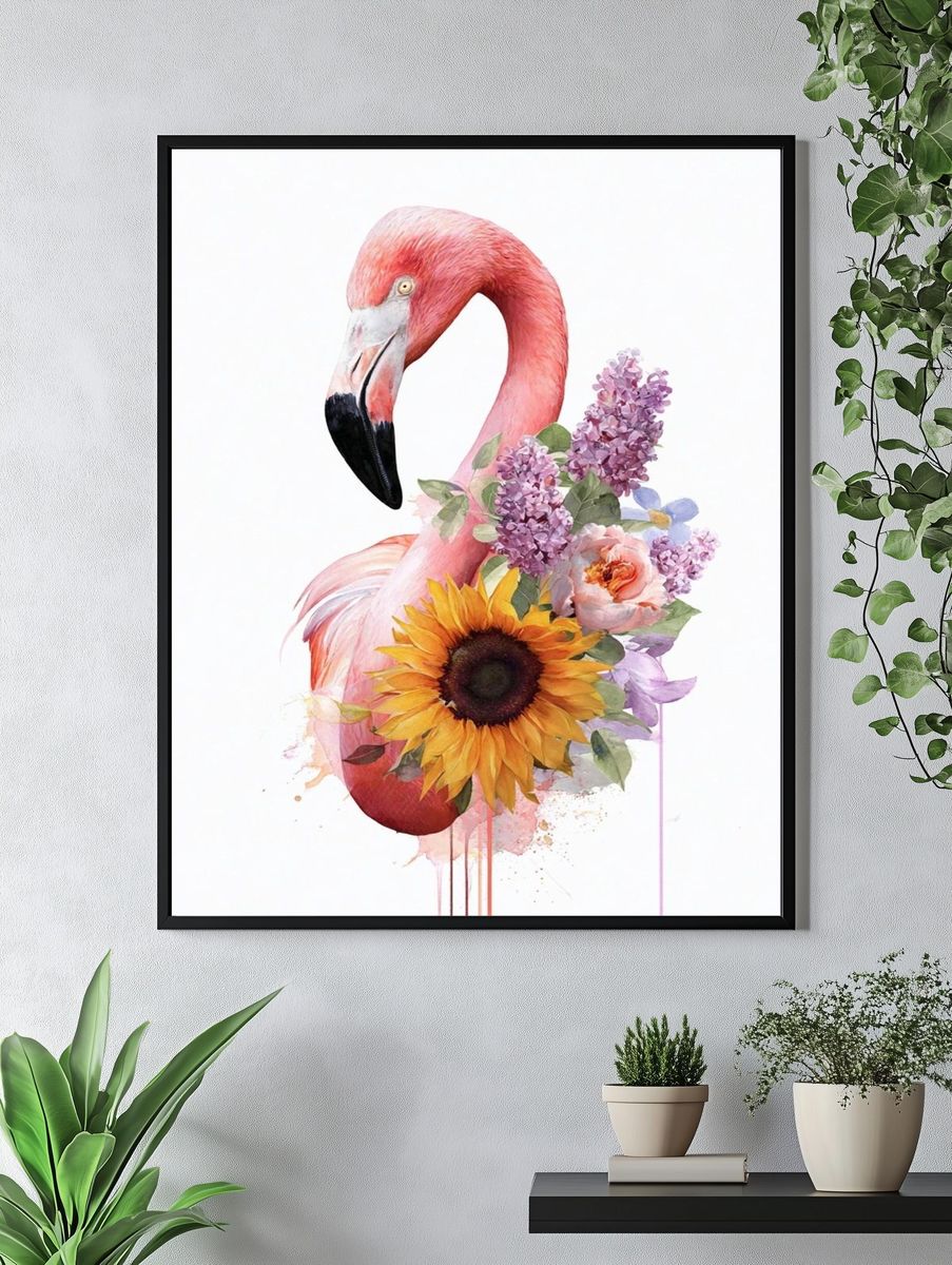 Floral Flamingo Watercolor Poster. — room view 4