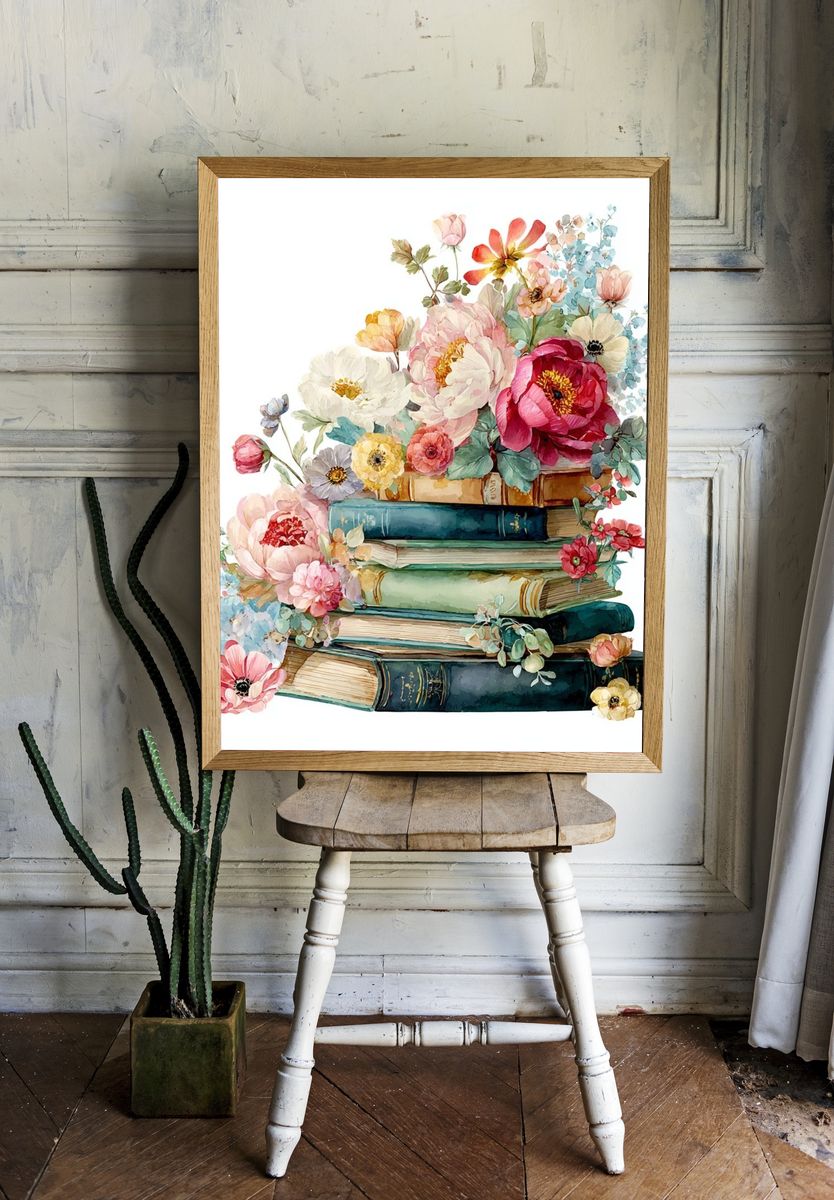 Floral Bookshelf — Watercolor Print. — room view 1